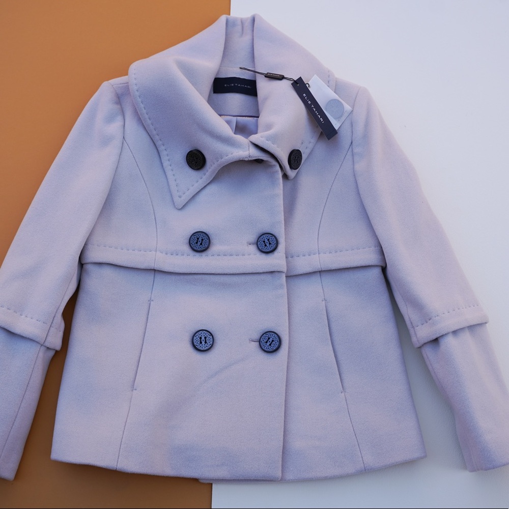 Eli’s Tahari grey peak coat